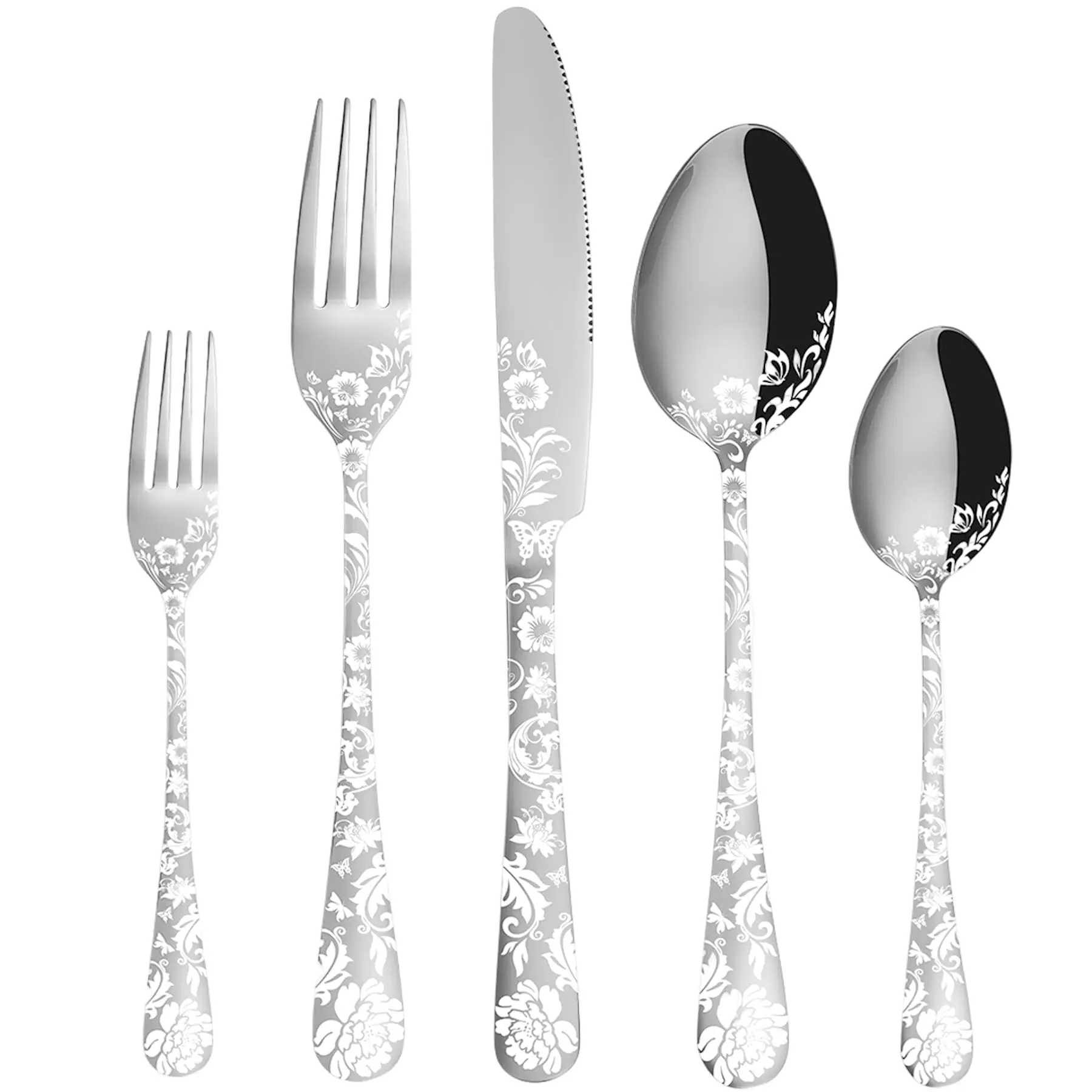 40-Teiliges Besteckset Mit Pfingstrosenmuster, Edelstahl-Besteckset Für 8 Personen, Schwarz/Silber Besteck, Spiegelpolierte Utensilien, Spülmaschinenfest 40-Teiliges Besteckset Mit Pfingstrosenmuster, Edelstahl-Besteckset Für 8 Personen, Schwarz/Silber Besteck, Spiegelpolierte Utensilien, Spülmaschinenfest - Image 2