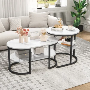 Rosahqnda Moderne , 2er-Set Sofatische mit großen Ablageflächen, Tischplatte mit Marmormuster und stabilen Metallständern