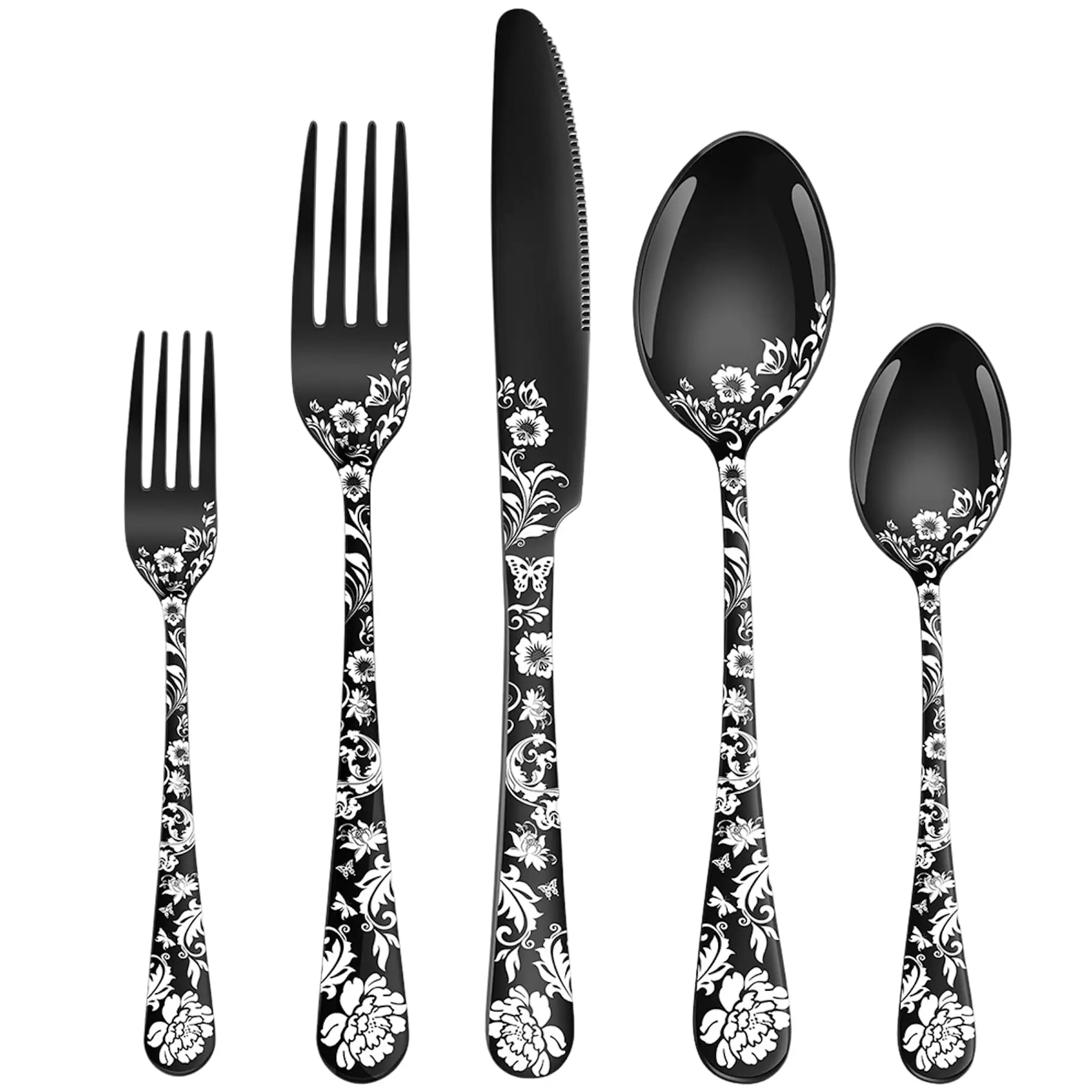 40-Teiliges Besteckset Mit Pfingstrosenmuster, Edelstahl-Besteckset Für 8 Personen, Schwarz/Silber Besteck, Spiegelpolierte Utensilien, Spülmaschinenfest 40-Teiliges Besteckset Mit Pfingstrosenmuster, Edelstahl-Besteckset Für 8 Personen, Schwarz/Silber Besteck, Spiegelpolierte Utensilien, Spülmaschinenfest