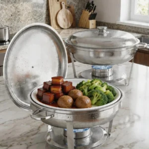 6er Set Chafing Dish Edelstahl Rund 4,7L, Speisenwärmer Buffet Mit Deckelhalter, Chafing Dishes Buffet Set Mit Löffel & Zange, Warmhaltebehälter Für Catering, Hochzeit & Party