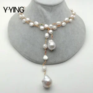 Y·YING 128 cm Süßwasser-Perlenkette mit weißen Keshi-Perlen, weißen Barockperlen und bunten Zirkonia-Pavé-Ketten, lange Halskette für Damen