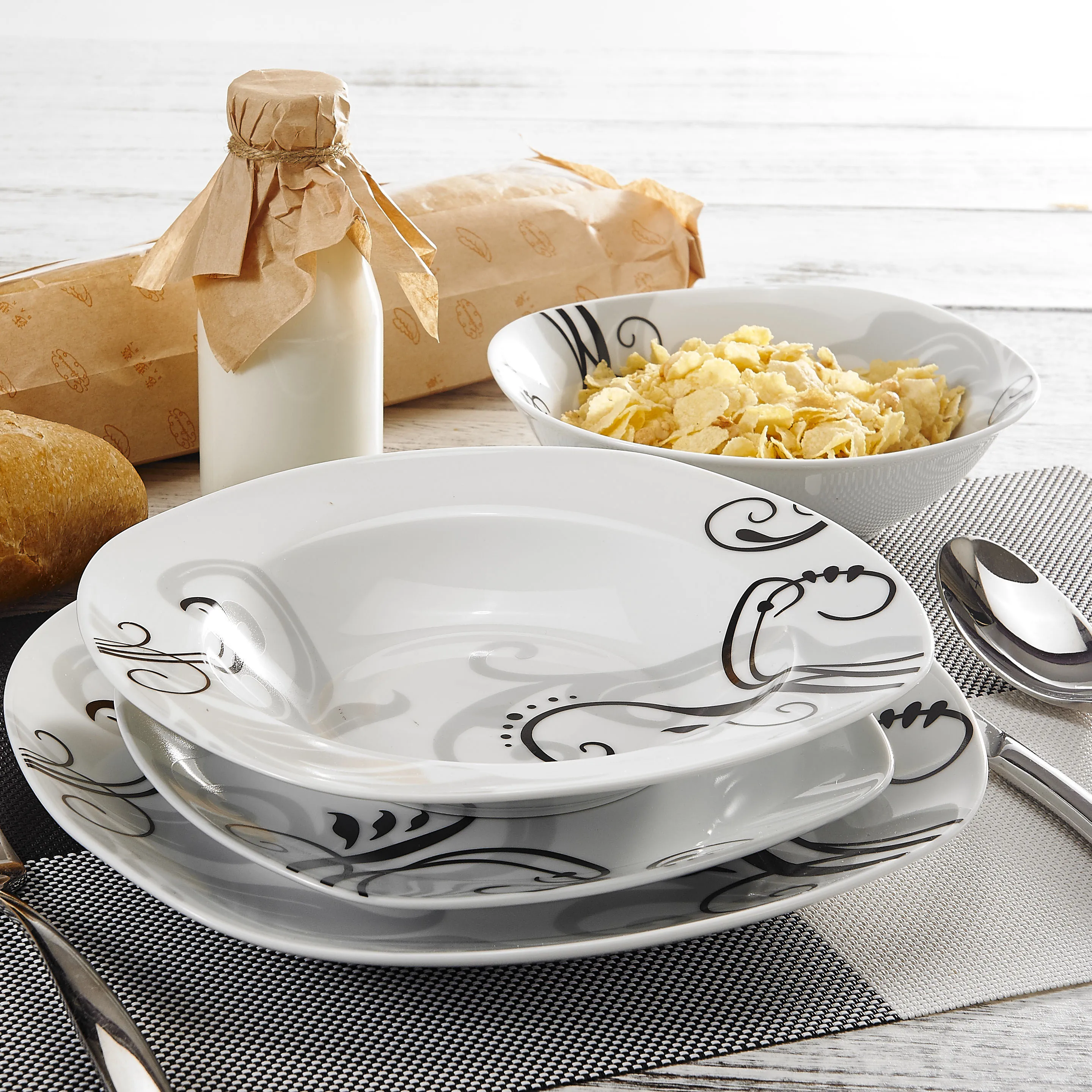 Veweet Zoey 48-Teiliges Porzellan Geschirrset In Schwarz – Komplettset Mit Schalen, Tellern Und Dessertplatten Veweet Zoey 48-Teiliges Porzellan Geschirrset In Schwarz – Komplettset Mit Schalen, Tellern Und Dessertplatten - Image 2