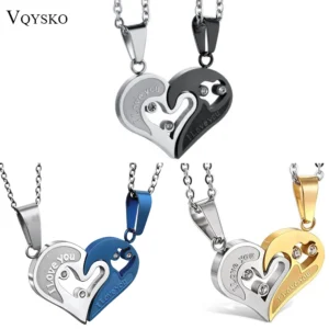 Zwei Farben Edelstahl Herren Damen Paar Halskette Anhänger Liebe Herz CZ Puzzle passend