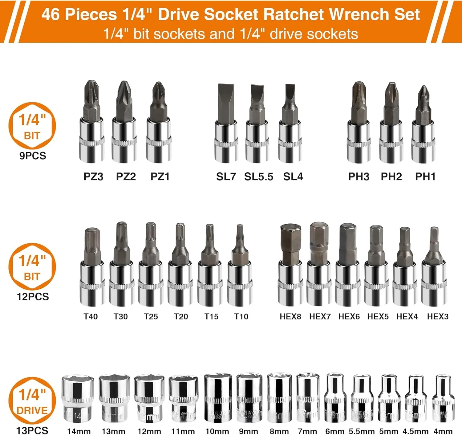 Steckschlüsselsatz 46-Teilig 1/4 Zoll – Metrisch, Ratsche, Bit-Stecknüsse &Amp; Verlängerungsstange Im Koffer Für Auto &Amp; Werkstatt Steckschlüsselsatz 46-Teilig 1/4 Zoll – Metrisch, Ratsche, Bit-Stecknüsse &Amp; Verlängerungsstange Im Koffer Für Auto &Amp; Werkstatt - Image 2