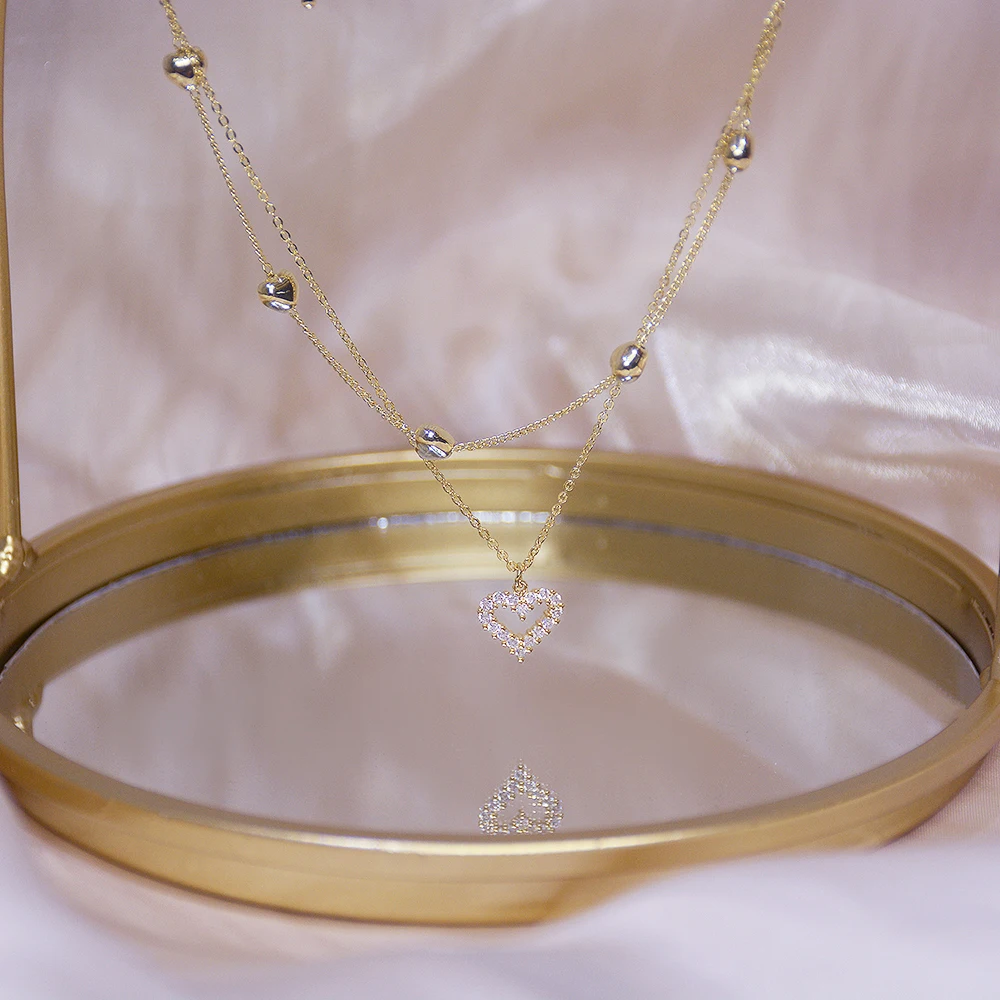 14K Reales Gold Doppel Schicht Herz Halskette Glänzende Bling Aaa Zirkon Frauen Schlüsselbein Kette Elegante Charme Hochzeit Anhänger Schmuck 14K Reales Gold Doppel Schicht Herz Halskette Glänzende Bling Aaa Zirkon Frauen Schlüsselbein Kette Elegante Charme Hochzeit Anhänger Schmuck - Image 3
