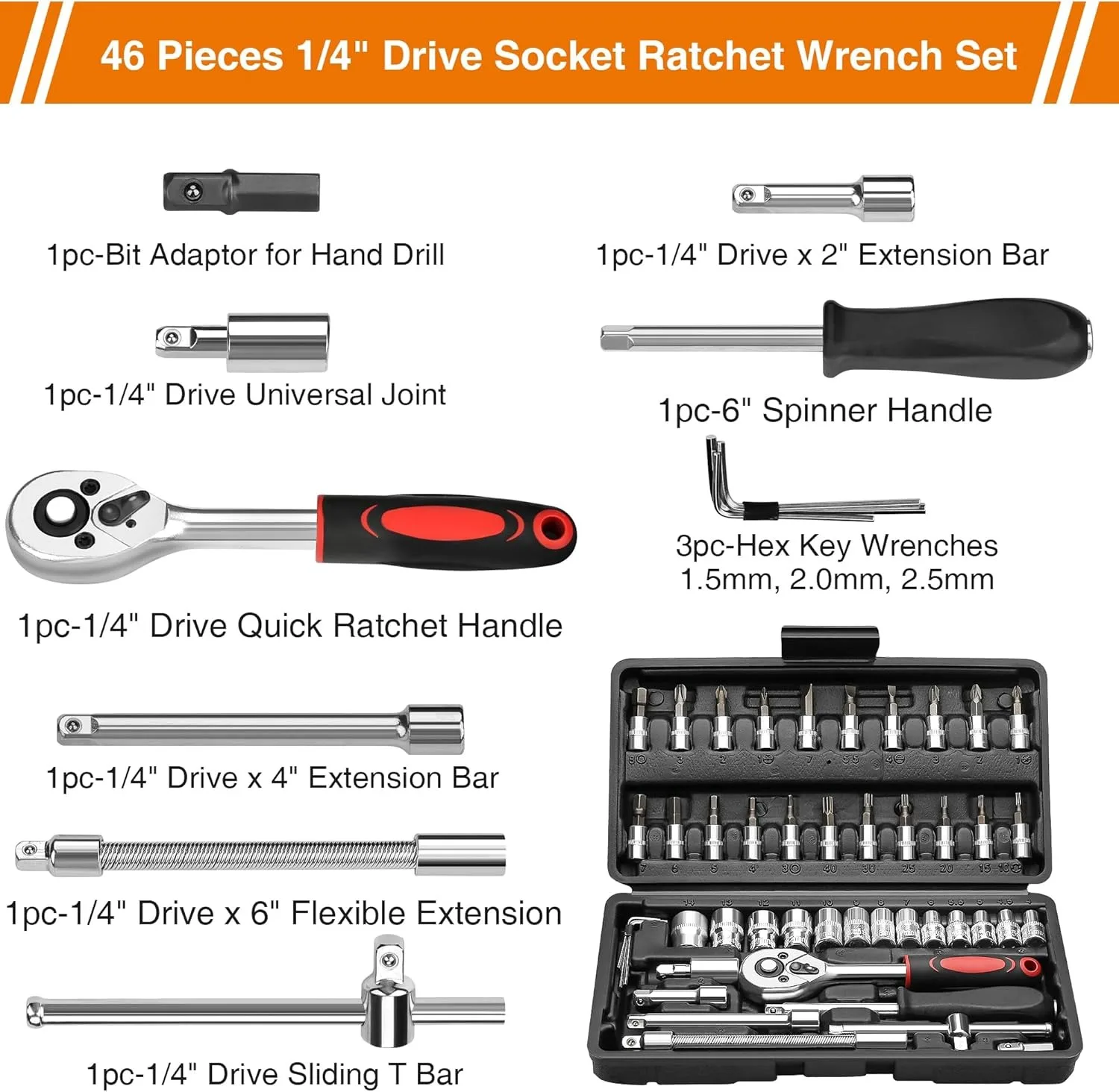 Steckschlüsselsatz 46-Teilig 1/4 Zoll – Metrisch, Ratsche, Bit-Stecknüsse &Amp; Verlängerungsstange Im Koffer Für Auto &Amp; Werkstatt Steckschlüsselsatz 46-Teilig 1/4 Zoll – Metrisch, Ratsche, Bit-Stecknüsse &Amp; Verlängerungsstange Im Koffer Für Auto &Amp; Werkstatt - Image 3