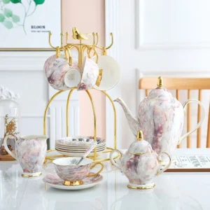 Keramik Gold Inlay Tee Topf und Tasse Set Marmorierung Lila Drink Europa Keramik Becher Zucker Schüssel Creamer Nachmittag Tee Coffeeware