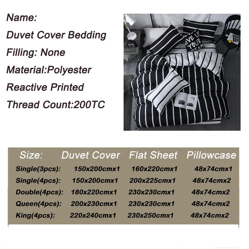 Bonenjoy Black And White Colo Striped Bed Cover Sets Single/Twin/Double/Queen/King Quilt Cover Bed Sheet Pillowcase Bedding Kit Bonenjoy Black And White Colo Striped Bed Cover Sets Single/Twin/Double/Queen/King Quilt Cover Bed Sheet Pillowcase Bedding Kit - Image 2