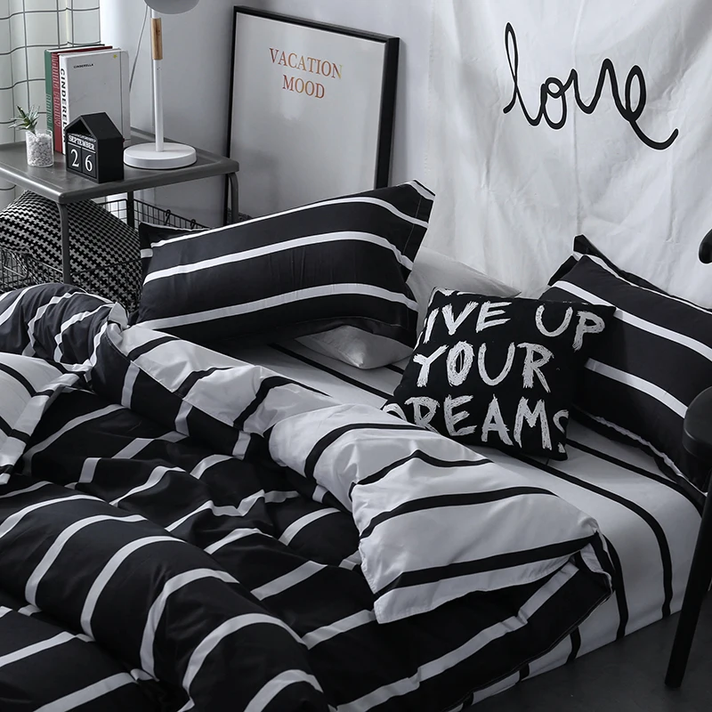 Bonenjoy Black And White Colo Striped Bed Cover Sets Single/Twin/Double/Queen/King Quilt Cover Bed Sheet Pillowcase Bedding Kit Bonenjoy Black And White Colo Striped Bed Cover Sets Single/Twin/Double/Queen/King Quilt Cover Bed Sheet Pillowcase Bedding Kit - Image 5