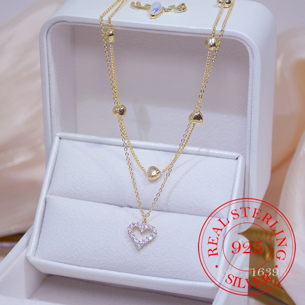 14K Reales Gold Doppel Schicht Herz Halskette Glänzende Bling Aaa Zirkon Frauen Schlüsselbein Kette Elegante Charme Hochzeit Anhänger Schmuck 14K Reales Gold Doppel Schicht Herz Halskette Glänzende Bling Aaa Zirkon Frauen Schlüsselbein Kette Elegante Charme Hochzeit Anhänger Schmuck