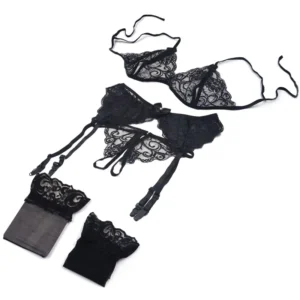 Spitzen-Dessous-Set für Damen, 4-teilig, Sling-BH, offener BH, sexy, mit Strumpfhaltern, Push-up-BH-Set, erotische transparente Unterwäsche, Netzstrümpfe