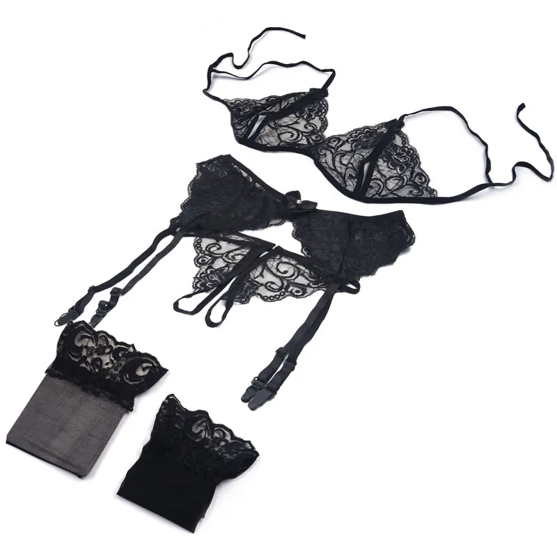 Spitzen-Dessous-Set Für Damen, 4-Teilig, Sling-Bh, Offener Bh, Sexy, Mit Strumpfhaltern, Push-Up-Bh-Set, Erotische Transparente Unterwäsche, Netzstrümpfe Spitzen-Dessous-Set Für Damen, 4-Teilig, Sling-Bh, Offener Bh, Sexy, Mit Strumpfhaltern, Push-Up-Bh-Set, Erotische Transparente Unterwäsche, Netzstrümpfe
