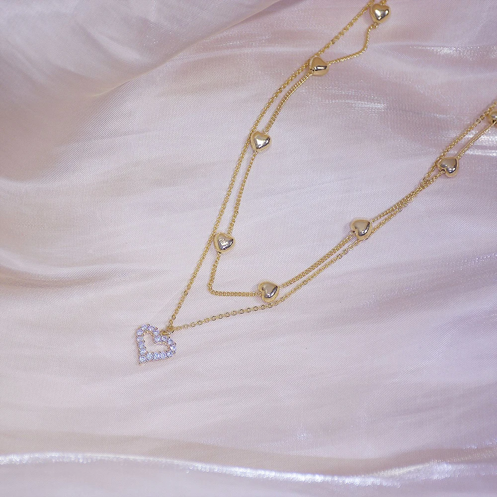 14K Reales Gold Doppel Schicht Herz Halskette Glänzende Bling Aaa Zirkon Frauen Schlüsselbein Kette Elegante Charme Hochzeit Anhänger Schmuck 14K Reales Gold Doppel Schicht Herz Halskette Glänzende Bling Aaa Zirkon Frauen Schlüsselbein Kette Elegante Charme Hochzeit Anhänger Schmuck - Image 4