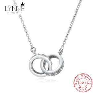 Neue Mode 925 Sterling Silber Doppel Runde Anhänger Halskette Rose Gold Strass Doppel Kreis Halskette Für Frauen Schmuck Geschenk