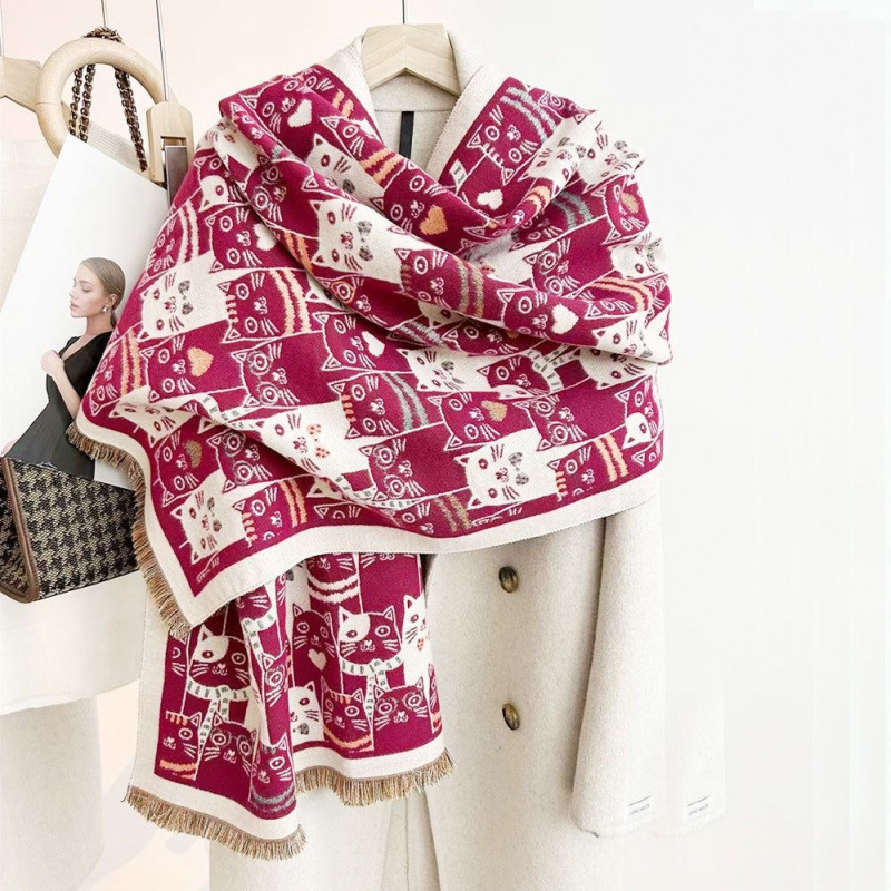 New Double-Sided Scarf For Women With Cute Cats, Thickeneded Imitation Cashmere Shawl For Winter, Knitted Warm Scarf, Versatile New Double-Sided Scarf For Women With Cute Cats, Thickeneded Imitation Cashmere Shawl For Winter, Knitted Warm Scarf, Versatile - Image 5