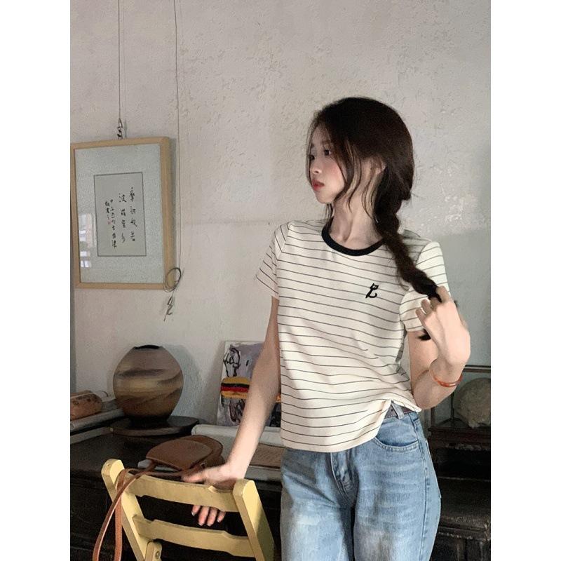 Cats Embroidered Striped Short-Sleeved T-Shirt Women'S Summer Fashionable Shoulder Loose Casual Short Round Neck Top For Real Shooting Cats Embroidered Striped Short-Sleeved T-Shirt Women'S Summer Fashionable Shoulder Loose Casual Short Round Neck Top For Real Shooting - Image 2
