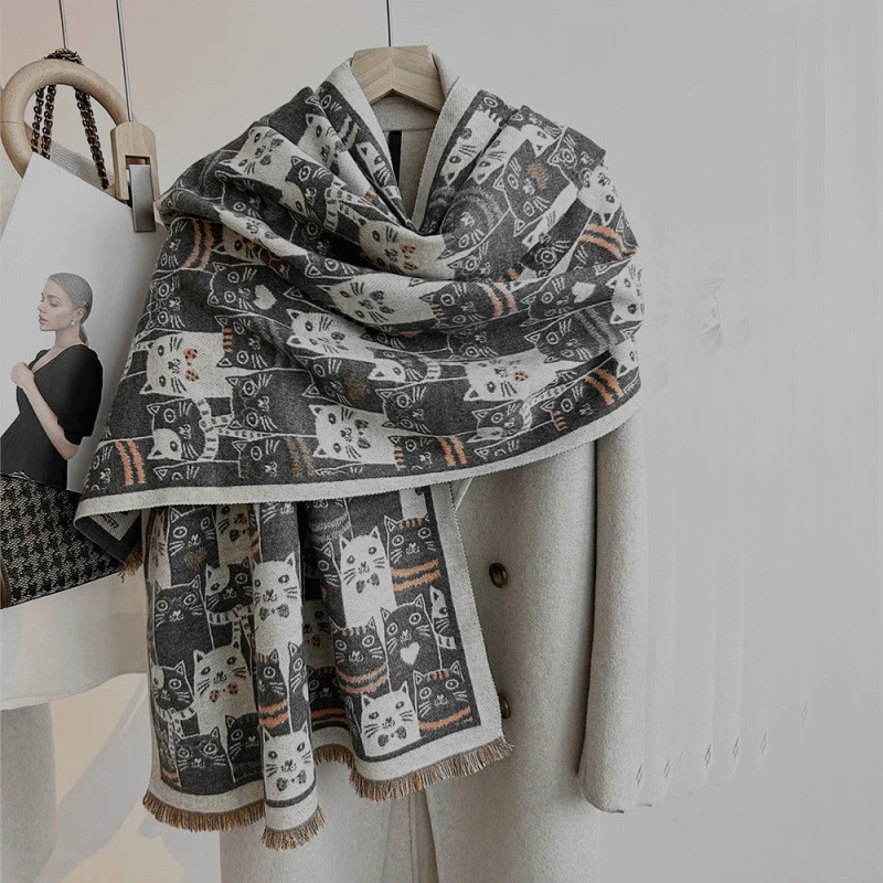 New Double-Sided Scarf For Women With Cute Cats, Thickeneded Imitation Cashmere Shawl For Winter, Knitted Warm Scarf, Versatile New Double-Sided Scarf For Women With Cute Cats, Thickeneded Imitation Cashmere Shawl For Winter, Knitted Warm Scarf, Versatile - Image 6