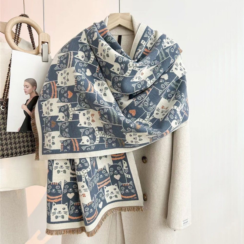 New Double-Sided Scarf For Women With Cute Cats, Thickeneded Imitation Cashmere Shawl For Winter, Knitted Warm Scarf, Versatile New Double-Sided Scarf For Women With Cute Cats, Thickeneded Imitation Cashmere Shawl For Winter, Knitted Warm Scarf, Versatile - Image 3