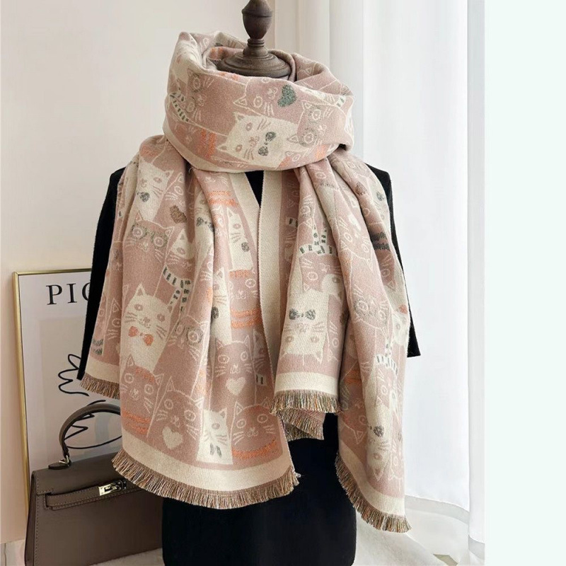 New Double-Sided Scarf For Women With Cute Cats, Thickeneded Imitation Cashmere Shawl For Winter, Knitted Warm Scarf, Versatile New Double-Sided Scarf For Women With Cute Cats, Thickeneded Imitation Cashmere Shawl For Winter, Knitted Warm Scarf, Versatile - Image 2