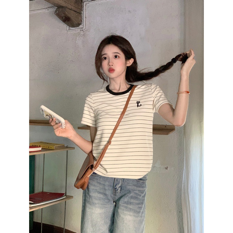 Cats Embroidered Striped Short-Sleeved T-Shirt Women'S Summer Fashionable Shoulder Loose Casual Short Round Neck Top For Real Shooting Cats Embroidered Striped Short-Sleeved T-Shirt Women'S Summer Fashionable Shoulder Loose Casual Short Round Neck Top For Real Shooting - Image 4