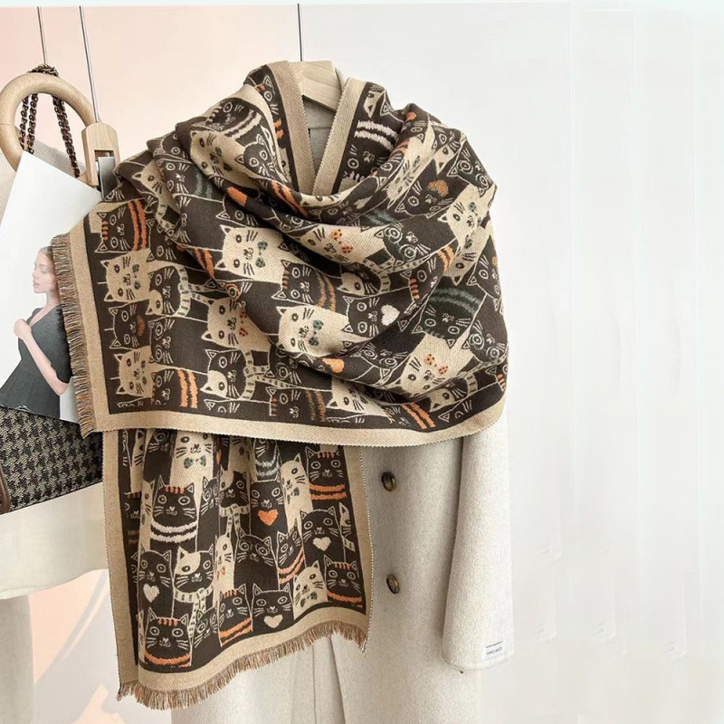 New Double-Sided Scarf For Women With Cute Cats, Thickeneded Imitation Cashmere Shawl For Winter, Knitted Warm Scarf, Versatile New Double-Sided Scarf For Women With Cute Cats, Thickeneded Imitation Cashmere Shawl For Winter, Knitted Warm Scarf, Versatile