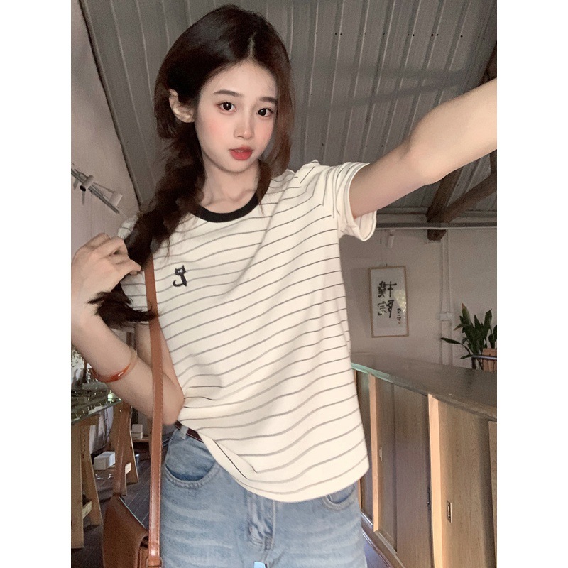 Cats Embroidered Striped Short-Sleeved T-Shirt Women'S Summer Fashionable Shoulder Loose Casual Short Round Neck Top For Real Shooting Cats Embroidered Striped Short-Sleeved T-Shirt Women'S Summer Fashionable Shoulder Loose Casual Short Round Neck Top For Real Shooting - Image 6