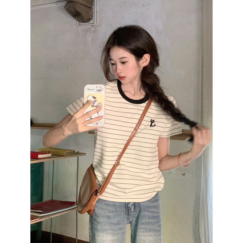 Cats Embroidered Striped Short-Sleeved T-Shirt Women'S Summer Fashionable Shoulder Loose Casual Short Round Neck Top For Real Shooting Cats Embroidered Striped Short-Sleeved T-Shirt Women'S Summer Fashionable Shoulder Loose Casual Short Round Neck Top For Real Shooting - Image 3