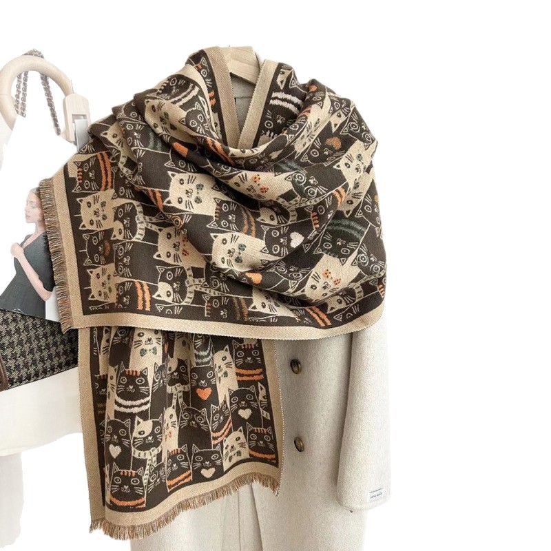 New Double-Sided Scarf For Women With Cute Cats, Thickeneded Imitation Cashmere Shawl For Winter, Knitted Warm Scarf, Versatile New Double-Sided Scarf For Women With Cute Cats, Thickeneded Imitation Cashmere Shawl For Winter, Knitted Warm Scarf, Versatile - Image 4