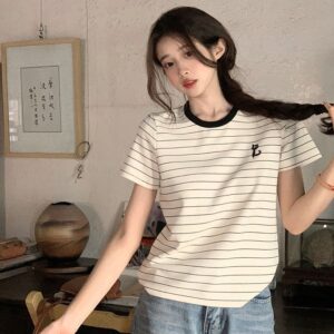 Cats Embroidered Striped Short-sleeved T-shirt Women's Summer Fashionable Shoulder Loose Casual Short Round Neck Top for Real Shooting