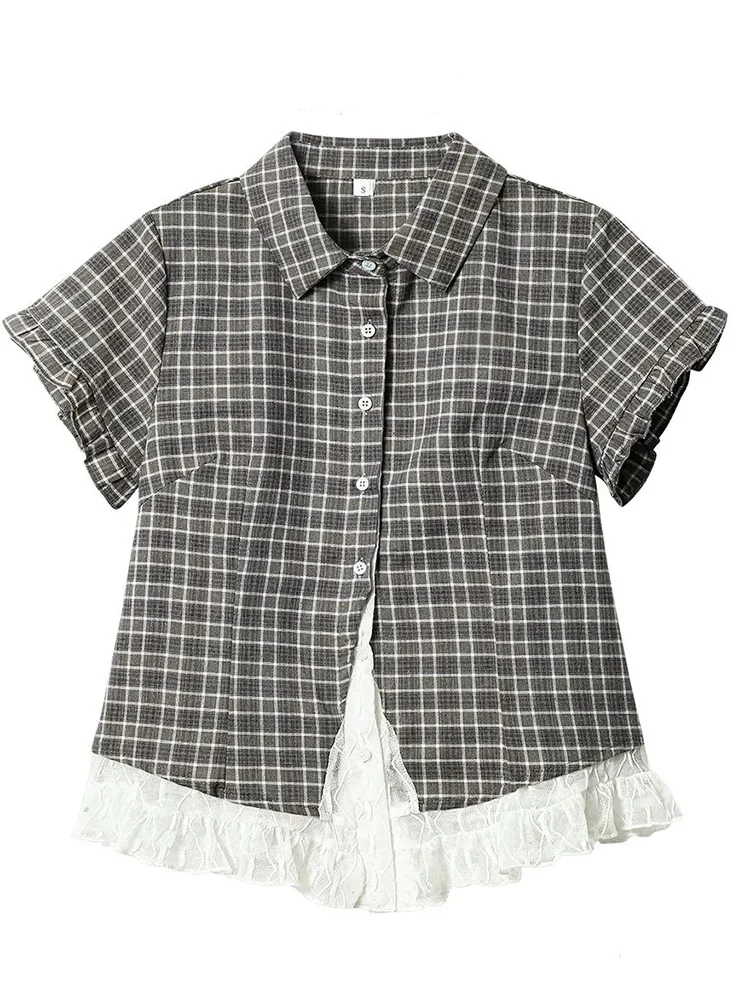 Spitzen-Patchwork Kariertes Hemd Damen Sommer Süße Kurzarm Vintage Bluse Schlanke Süße Retro Japan Kawaii Weibliche Niedliche Lässige Oberteile Spitzen-Patchwork Kariertes Hemd Damen Sommer Süße Kurzarm Vintage Bluse Schlanke Süße Retro Japan Kawaii Weibliche Niedliche Lässige Oberteile - Image 3