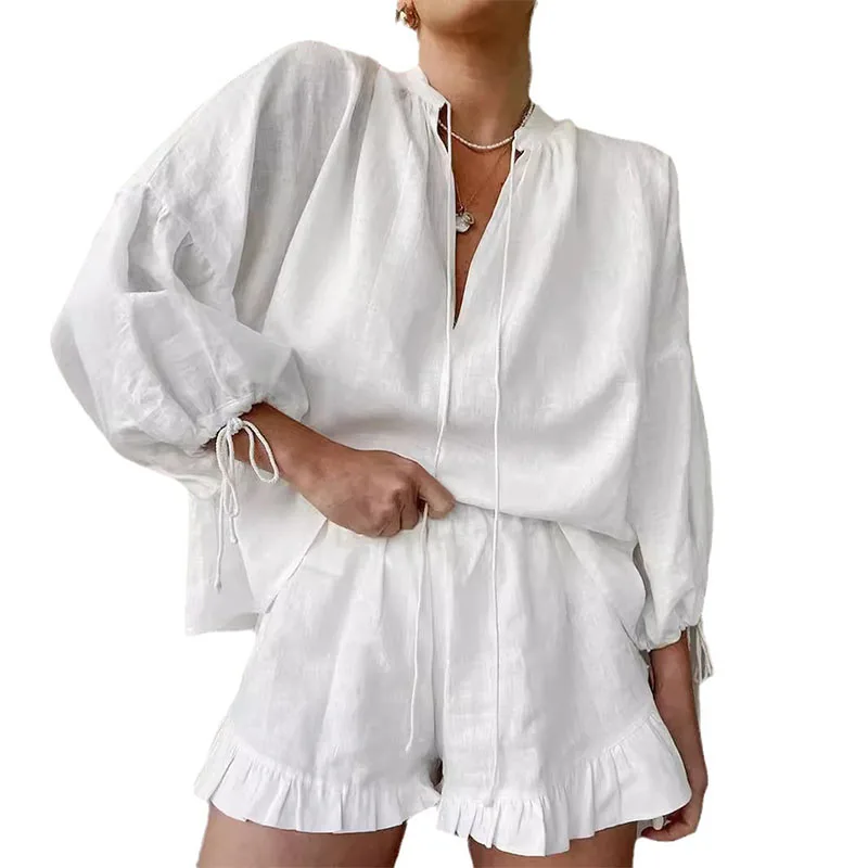 Sommer-Damenanzug 2-Teilige Sets Für Frauen, Bluse Mit Langen Puffärmeln, Lockerer V-Ausschnitt, Schnürung, Sommer-Outfits, Rüschen-Shorts, Strandsets Sommer-Damenanzug 2-Teilige Sets Für Frauen, Bluse Mit Langen Puffärmeln, Lockerer V-Ausschnitt, Schnürung, Sommer-Outfits, Rüschen-Shorts, Strandsets
