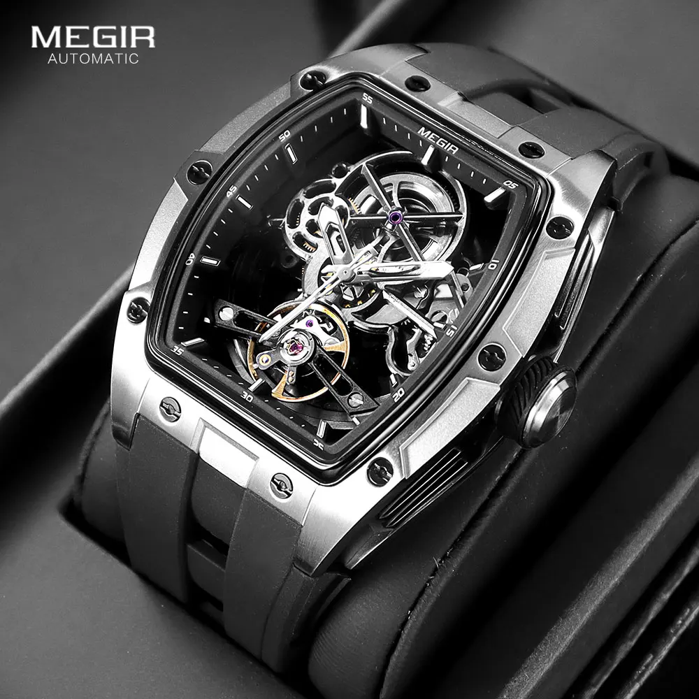 Megir Männer Armbanduhr Mode Schwarz Wasserdichte Automatische Mechanische Uhr Mit Leuchtenden Zeigern Silikon Armband Tonneau Zifferblatt Megir Männer Armbanduhr Mode Schwarz Wasserdichte Automatische Mechanische Uhr Mit Leuchtenden Zeigern Silikon Armband Tonneau Zifferblatt
