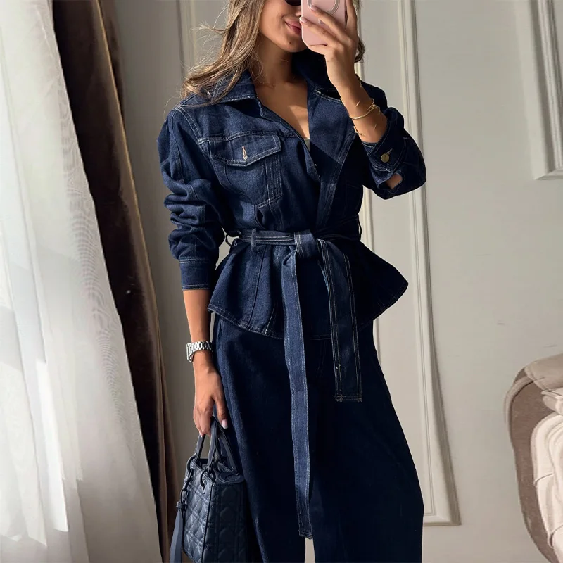 Damen Jeansanzug Mit Gürtel – Jeansjacke Mit Revers Und Weite Hose, Lässiges Herbst-Set 2026 Damen Jeansanzug Mit Gürtel – Jeansjacke Mit Revers Und Weite Hose, Lässiges Herbst-Set 2026 - Image 3