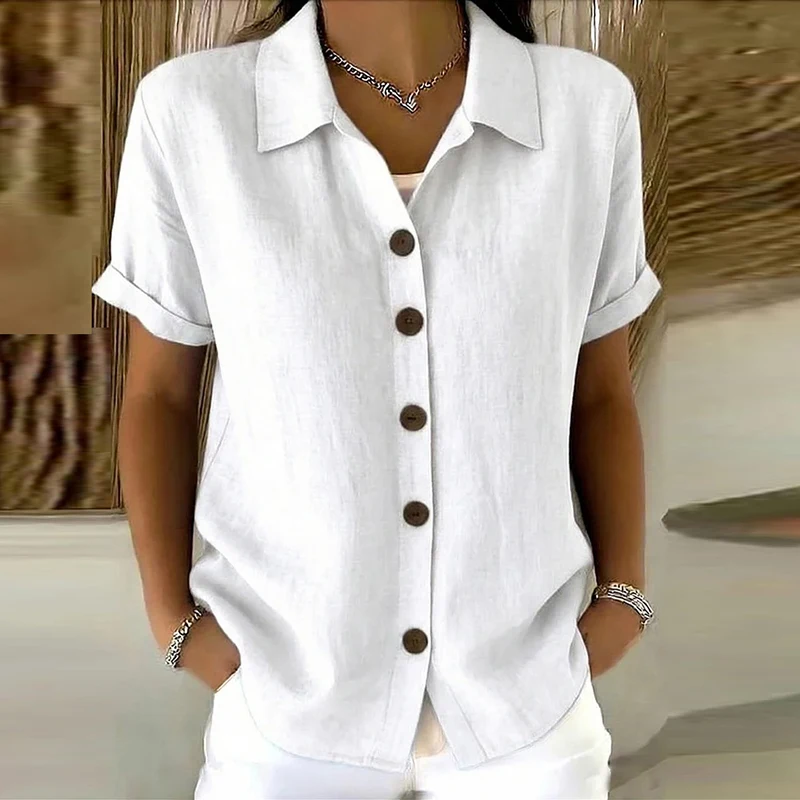 Elegante Damen-Sommerblusen Aus Baumwolle Und Leinen, Kurzarm, Reverskragen, Knopfleiste, Einfarbig, Lockeres Hemd, Lässige Damenbluse, Cardigan-Oberteile Elegante Damen-Sommerblusen Aus Baumwolle Und Leinen, Kurzarm, Reverskragen, Knopfleiste, Einfarbig, Lockeres Hemd, Lässige Damenbluse, Cardigan-Oberteile - Image 2