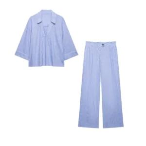 Damen High-Waist Hosen-Set Zweiteilig Neu 2026 Sommer V-Ausschnitt Bluse mit Paspelierung und Gerade Hose Schickes Damen-Outfit
