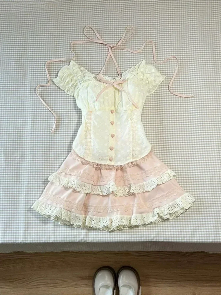 Japanische Kawaii Süße Neue 2-Teiliges Set Frauen Patchwork Lolita Lace Up Vintage Set Weibliche Y2K Prinzessin Mini Rock Anzug Sommer 2025 Japanische Kawaii Süße Neue 2-Teiliges Set Frauen Patchwork Lolita Lace Up Vintage Set Weibliche Y2K Prinzessin Mini Rock Anzug Sommer 2025 - Image 6