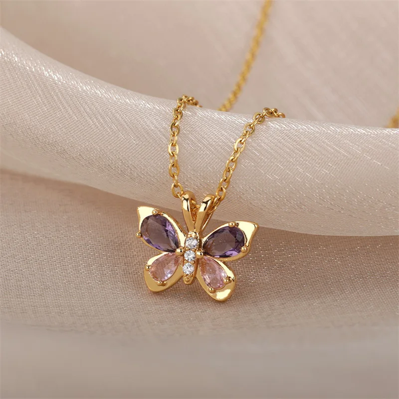Elegante Schmetterlings-Anhänger-Halskette Mit Eingelegtem Lila-Rosa Zirkon-Kristall, Zierliche Schlüsselbeinkette, Modische Accessoires Für Den Täglichen Gebrauch Von Frauen Elegante Schmetterlings-Anhänger-Halskette Mit Eingelegtem Lila-Rosa Zirkon-Kristall, Zierliche Schlüsselbeinkette, Modische Accessoires Für Den Täglichen Gebrauch Von Frauen - Image 4