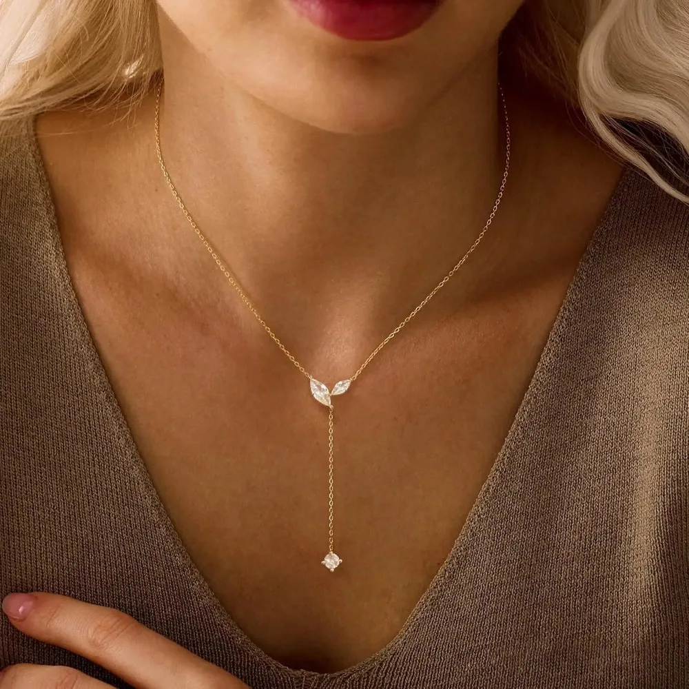 Lange Goldkette Für Damen - Zierliche Lariat-Halskette 14K Gold Cz Y-Förmige Tropfen-Halsketten Für Abschlussball, Formelle Anlässe, Sommer Und Strand Lange Goldkette Für Damen - Zierliche Lariat-Halskette 14K Gold Cz Y-Förmige Tropfen-Halsketten Für Abschlussball, Formelle Anlässe, Sommer Und Strand - Image 3