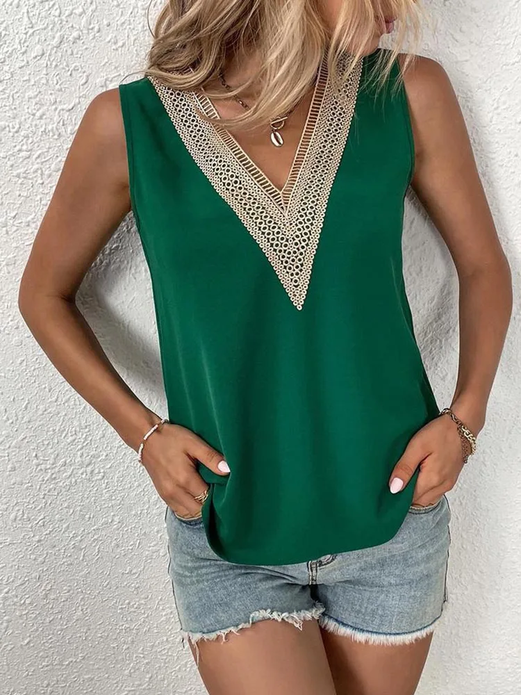 Ärmellose V-Ausschnitt Spitze Patchwork Bluse Frauen Lose Aushöhlen Sommer T Shirt Casual Streetwear Tsnk Top Ärmellose V-Ausschnitt Spitze Patchwork Bluse Frauen Lose Aushöhlen Sommer T Shirt Casual Streetwear Tsnk Top - Image 2