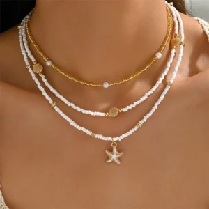 Summer Bead Stacked Choker Delicate Starfish Shell Pendant Necklace Women's Bohemian Beach Party Vacation Jewelry