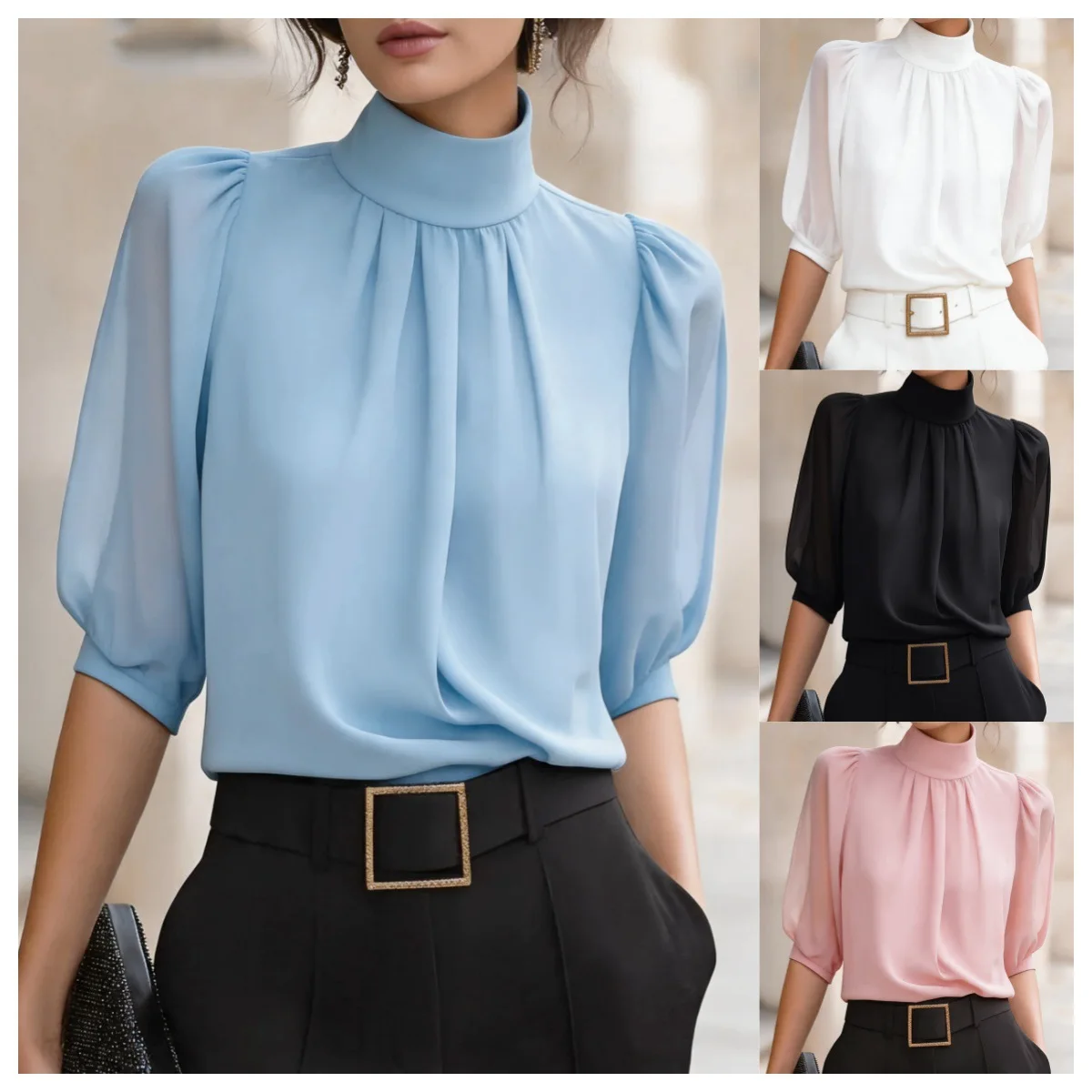 Halbärmelige, Plissierte Chiffonbluse Mit Stehkragen Für Damen, Elegantes Büro-Oberteil Für Damen, Frühling/Sommer, Locker Geschnittenes, Modisches Hemd Halbärmelige, Plissierte Chiffonbluse Mit Stehkragen Für Damen, Elegantes Büro-Oberteil Für Damen, Frühling/Sommer, Locker Geschnittenes, Modisches Hemd