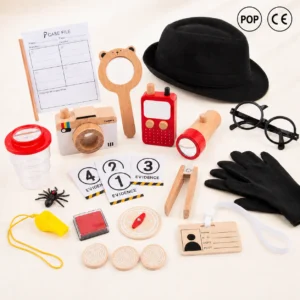 Kids Detective Kit Spy Role Play Set with Wooden Accessories Pretend Play Costume Educational Toy Gift for Boys Girls Ages 3+