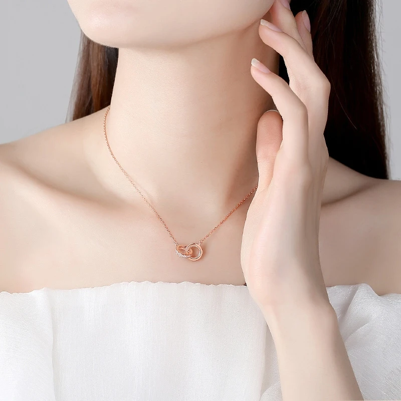 Neue Mode 925 Sterling Silber Doppel Runde Anhänger Halskette Rose Gold Strass Doppel Kreis Halskette Für Frauen Schmuck Geschenk Neue Mode 925 Sterling Silber Doppel Runde Anhänger Halskette Rose Gold Strass Doppel Kreis Halskette Für Frauen Schmuck Geschenk - Image 6