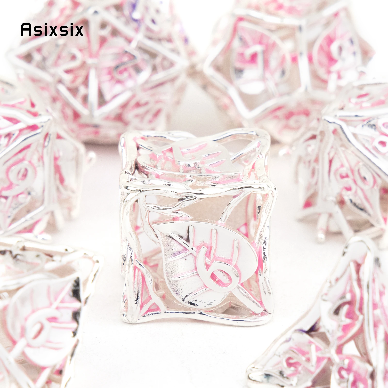 7 Pcs Pink Leaf Flower Metal Dice Hollow Metal Polyhedral Dice Set Suitable For Role-Playing Rpg Board Game Card Game 7 Pcs Pink Leaf Flower Metal Dice Hollow Metal Polyhedral Dice Set Suitable For Role-Playing Rpg Board Game Card Game - Image 6