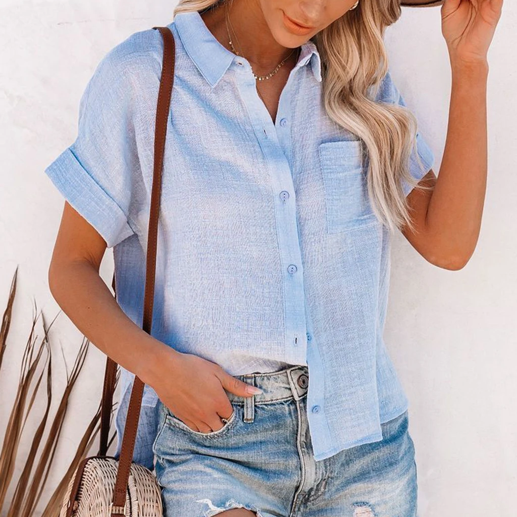 Elegantes Sommer-Oberteil Für Damen Aus Baumwolle Und Leinen, Kurzärmelig, Revers, Knopfleiste, Einfarbiges Hemd Mit Einer Tasche, Lässig Elegantes Sommer-Oberteil Für Damen Aus Baumwolle Und Leinen, Kurzärmelig, Revers, Knopfleiste, Einfarbiges Hemd Mit Einer Tasche, Lässig - Image 4