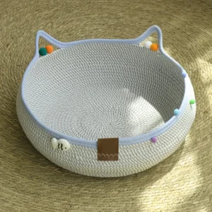 Cartoon Haustier Katzenbett Rund Handgewebtes Rattan-Katzenbett Sommer-Kühlkorb für Kätzchen Baumwollseil Katzen-Kratzkorb