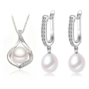 Echte natürliche Süßwasserperlen-Halskette und Ohrringe-Set für Frauen, süßes Perlen-Schmuckset aus 925er Sterlingsilber, Hochzeitsgeschenk