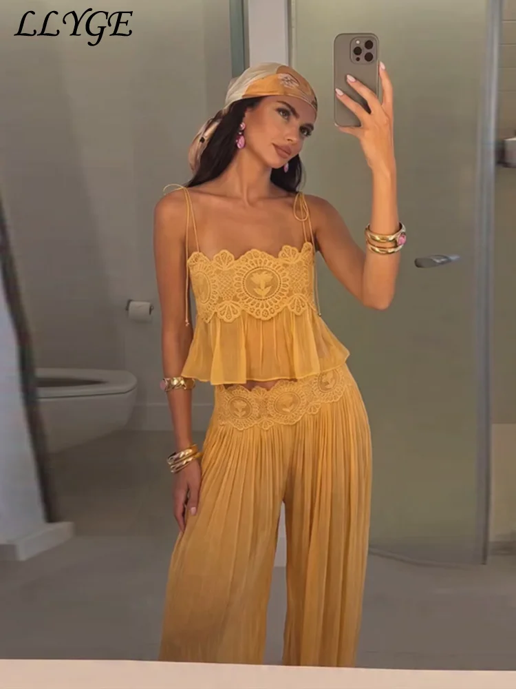 Damen Strand Set Mit Spitze – Crop-Top Und Plissierte Weithose Im Blumen-Design Damen Strand Set