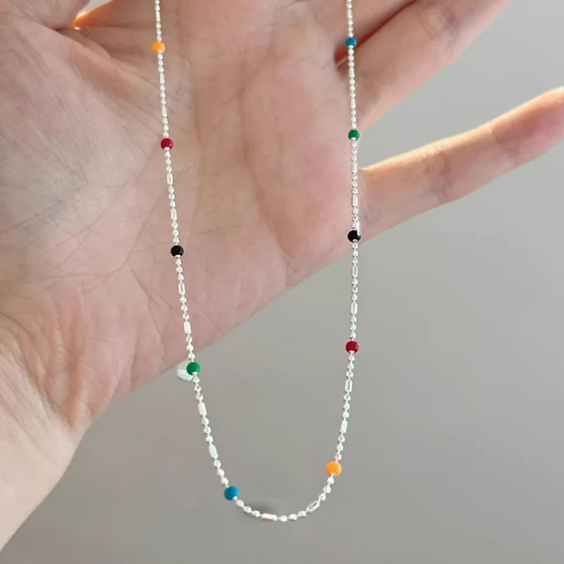 Halskette Aus 925Er-Silber Mit Einfachen Geometrischen Mehrfarbigen Perlen, Halsband, Glänzende, Zarte Schlüsselbeinkette Für Damen Halskette Aus 925Er-Silber Mit Einfachen Geometrischen Mehrfarbigen Perlen, Halsband, Glänzende, Zarte Schlüsselbeinkette Für Damen