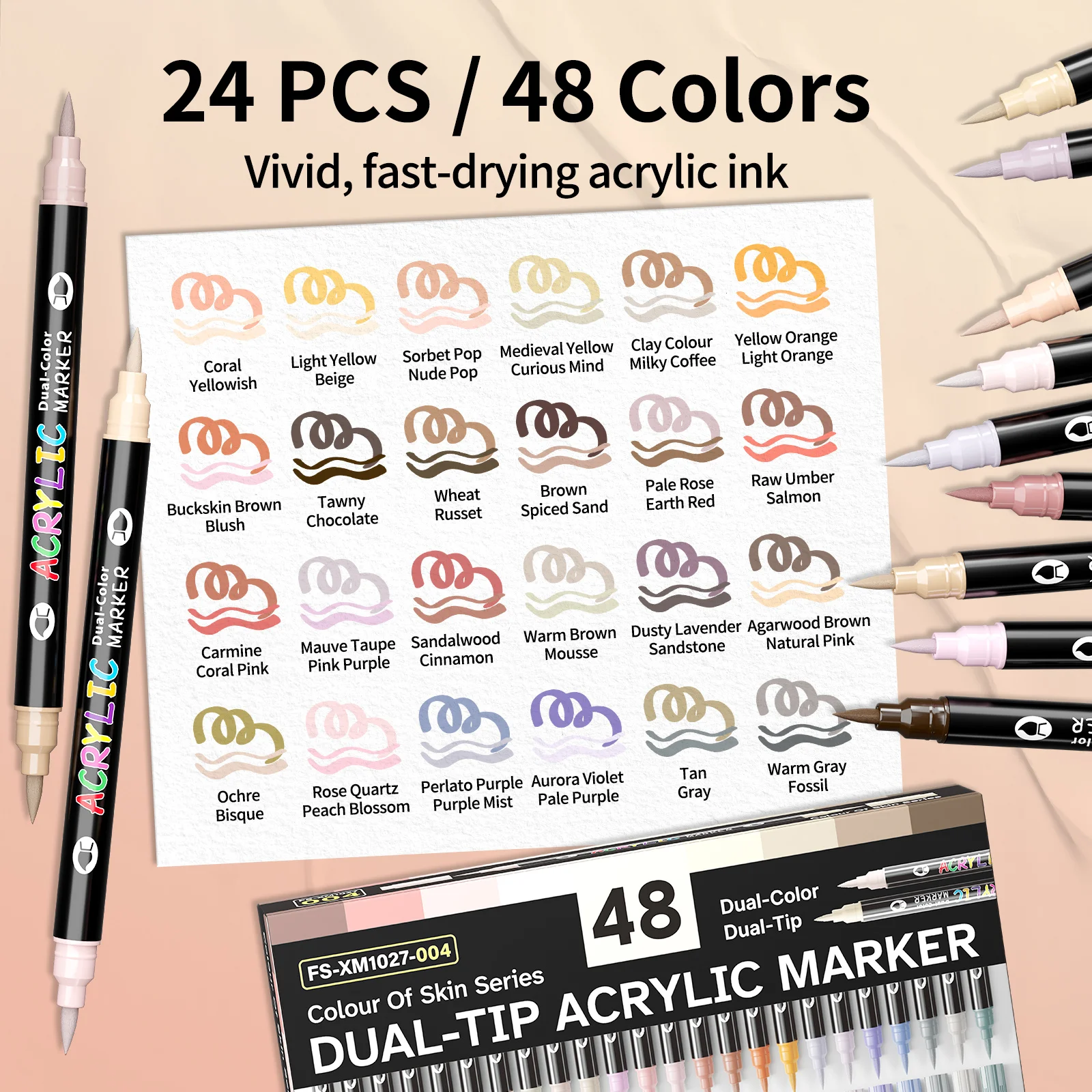 Flysea 48-Farben-Hautfarben-Acrylmarker Mit Doppelspitze – Weiche Pinselspitze + 1Mm Spitze, Ideal Für Kunstwerke Auf Stein, Holz, Glas Und Leinwand. Flysea 48-Farben-Hautfarben-Acrylmarker Mit Doppelspitze – Weiche Pinselspitze + 1Mm Spitze, Ideal Für Kunstwerke Auf Stein, Holz, Glas Und Leinwand. - Image 3
